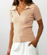 Urban Daizy - Rib Knit Wing Collar Short Sleeve Top