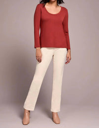 TRIBAL Scoop Neck Top with Side Slits in dark toffee - women's long sleeve top