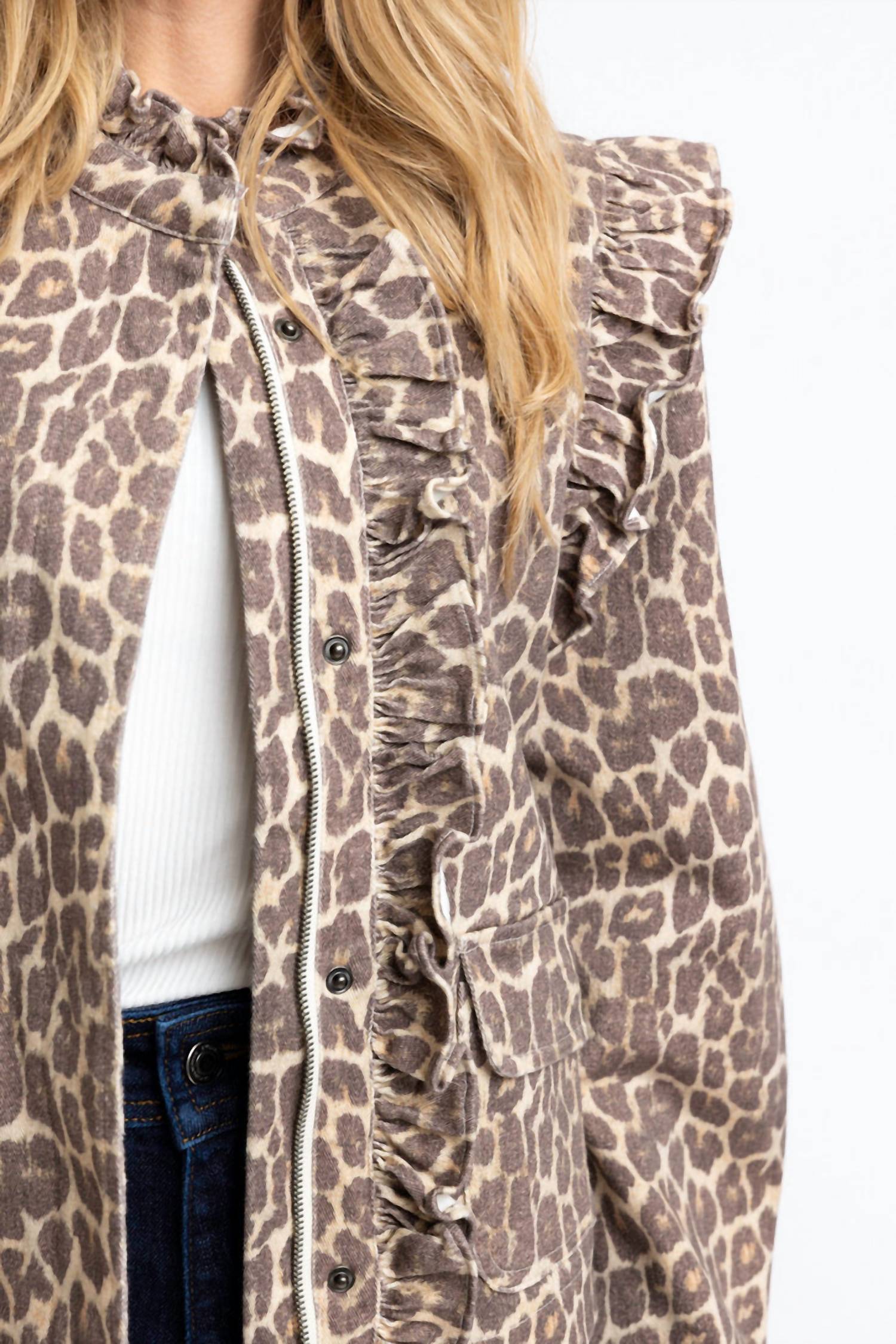 Karlie - Leopard Denim Ruffle Novelty Jacket