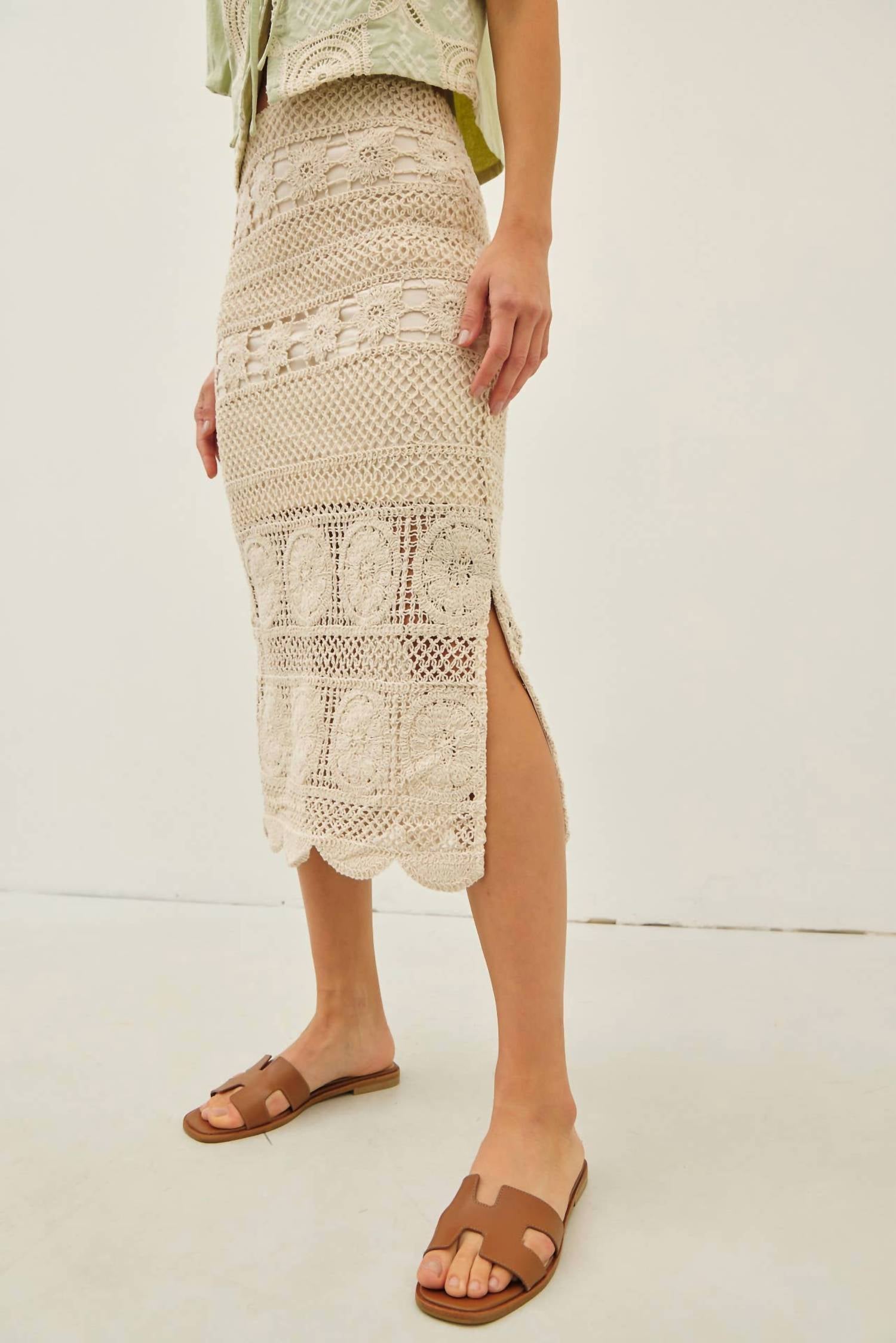 Idem Ditto - Floral Sheer Crochet Top And Skirt Set With Scallop Hem
