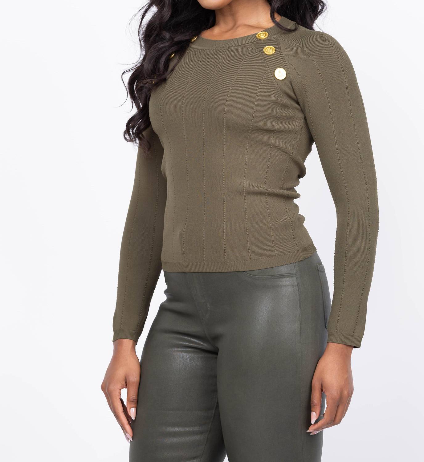 L'Agence Gretchen Button Pullover Sweater in deep olive gold - women's sweater - alternate view