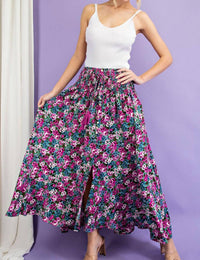 Ee:Some - Floral Maxi Skirt With Smocked Waist & Button Front