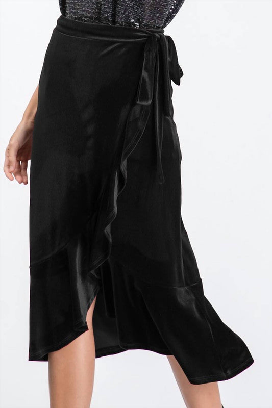 Velvet Ruffled Wrap Midi Skirt