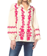 Tolani Darina Embroidered Top in beige - women's long sleeve top