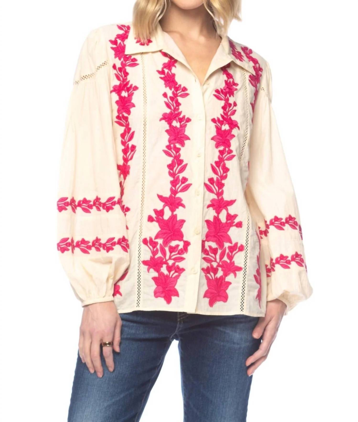 Tolani Darina Embroidered Top in beige - women's long sleeve top