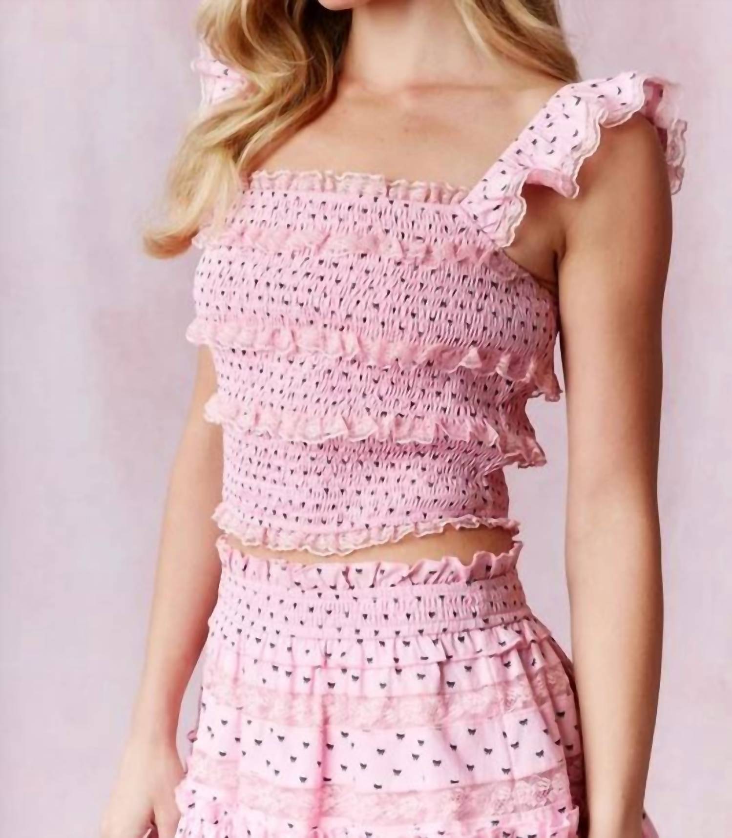 Peach Love - Bow Print Scallop Lace Crop Top