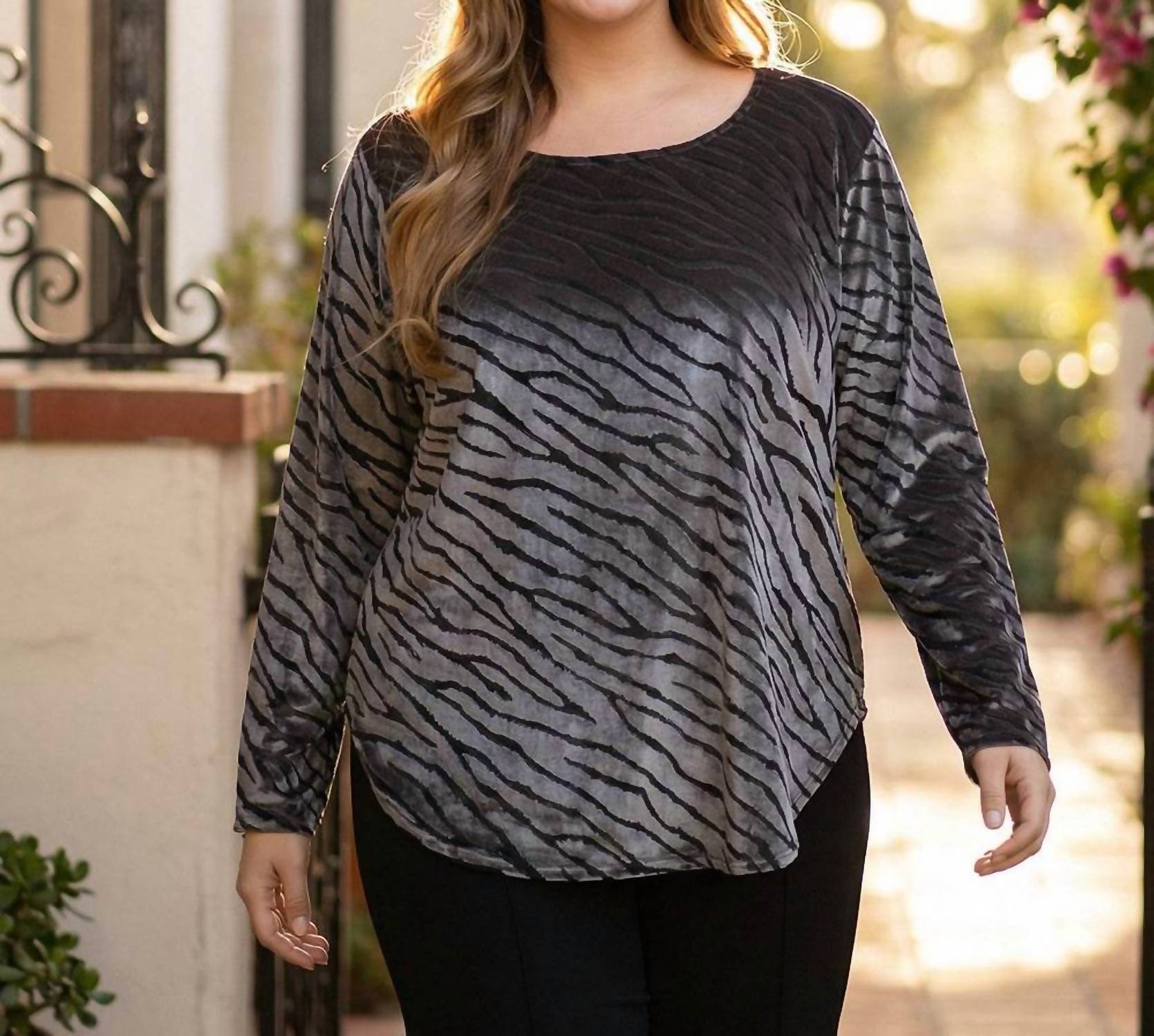 Karen Kane Long Sleeve Velvet Burnout Shirttail Top - Plus in zebra - women's shirt - view 4