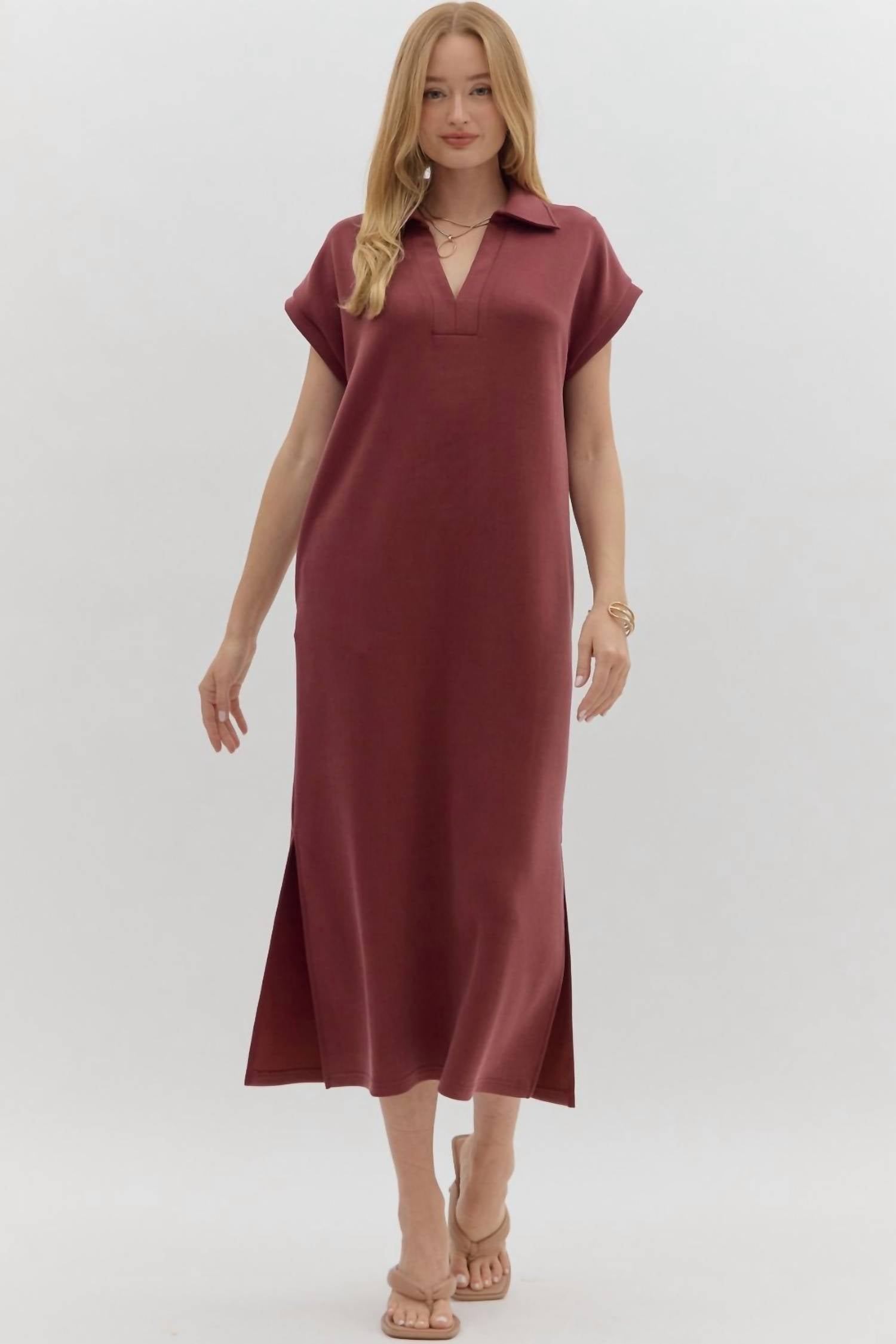 Entro - Solid Split Collar Midi Dress