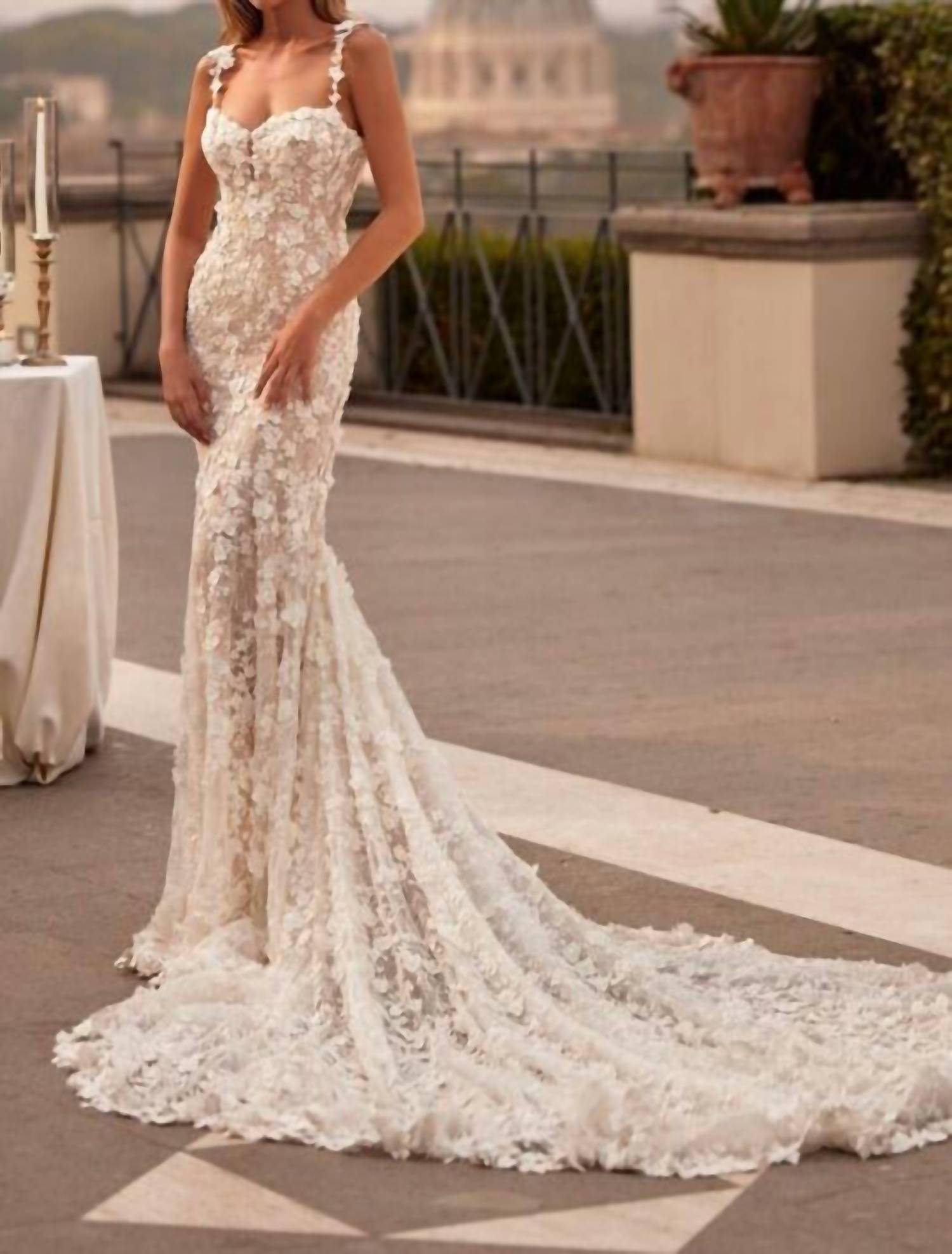 Sherri Hill Lace Appliques Two Strap Wedding Gown in ivory nude - women's dress