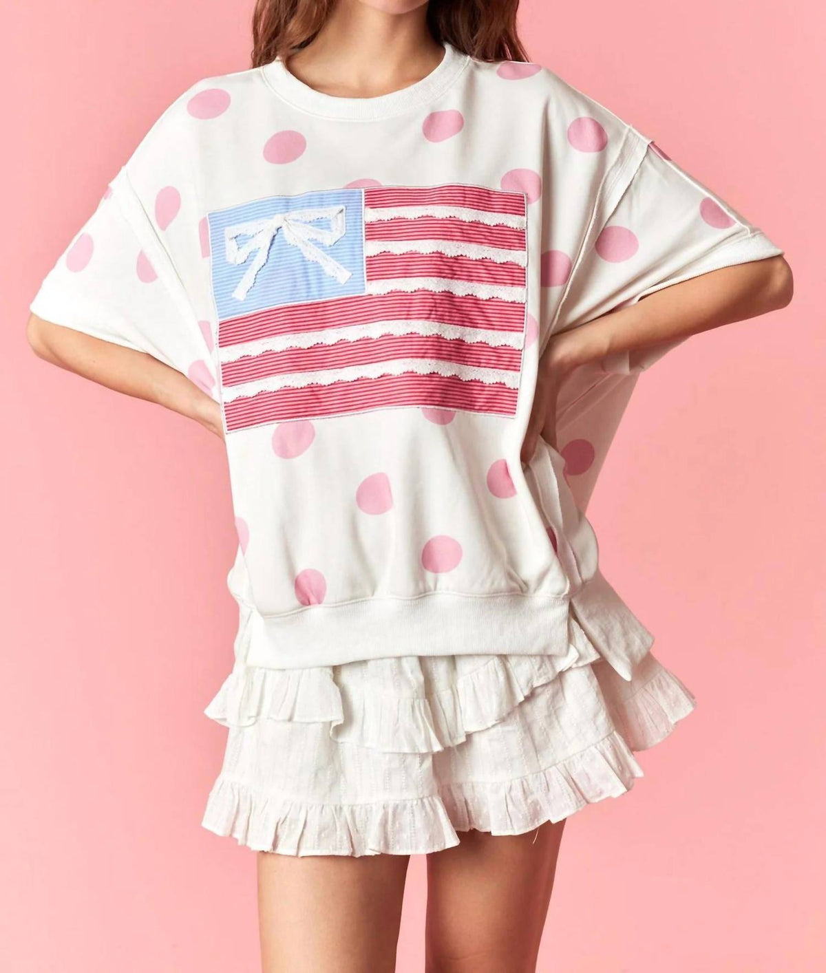 Peach Love - Oversized Bow Flag Polka Dot Tee