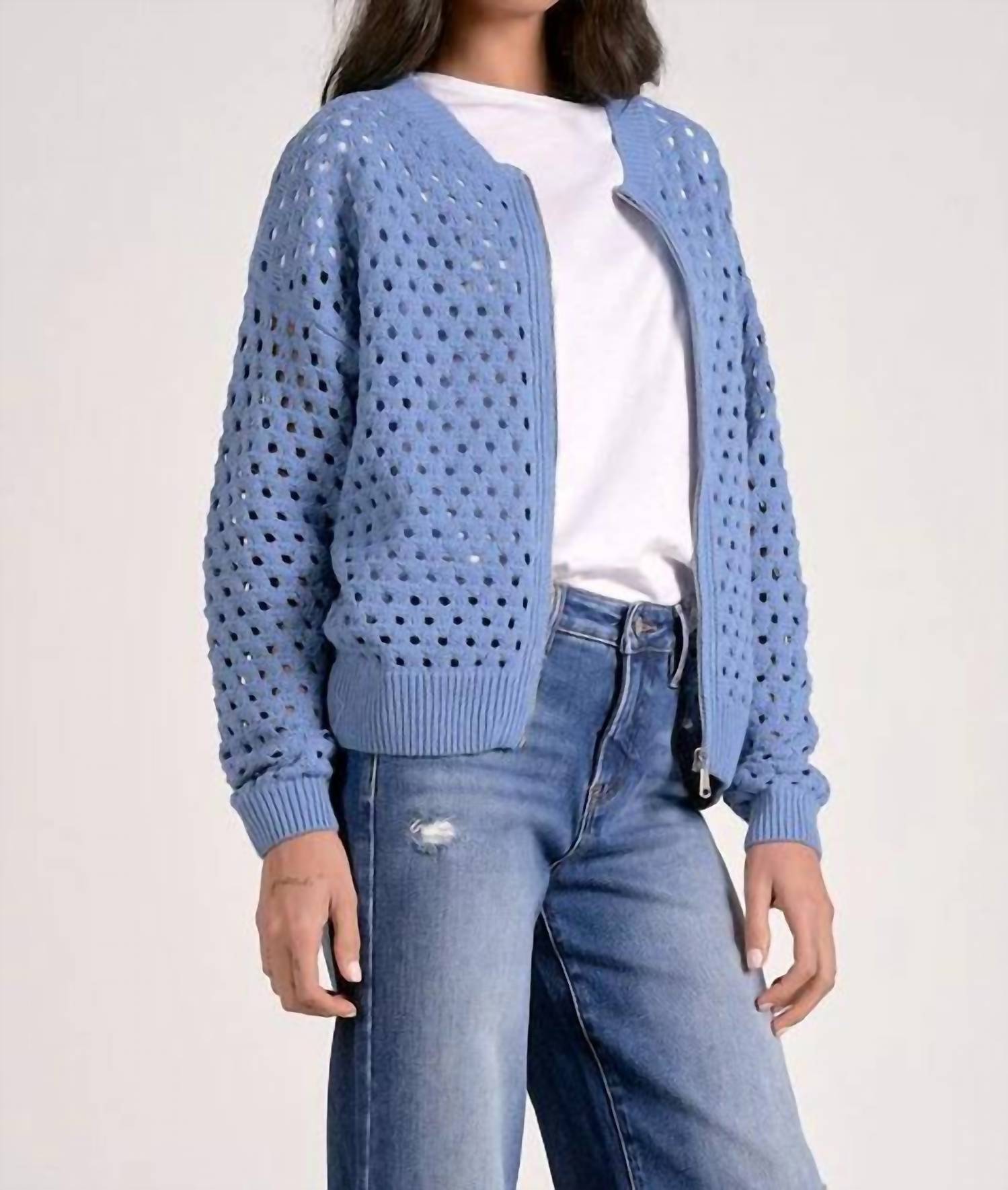 ELAN Aster Crochet Detailing Cardigan in blue - women's cardigan - alternate view