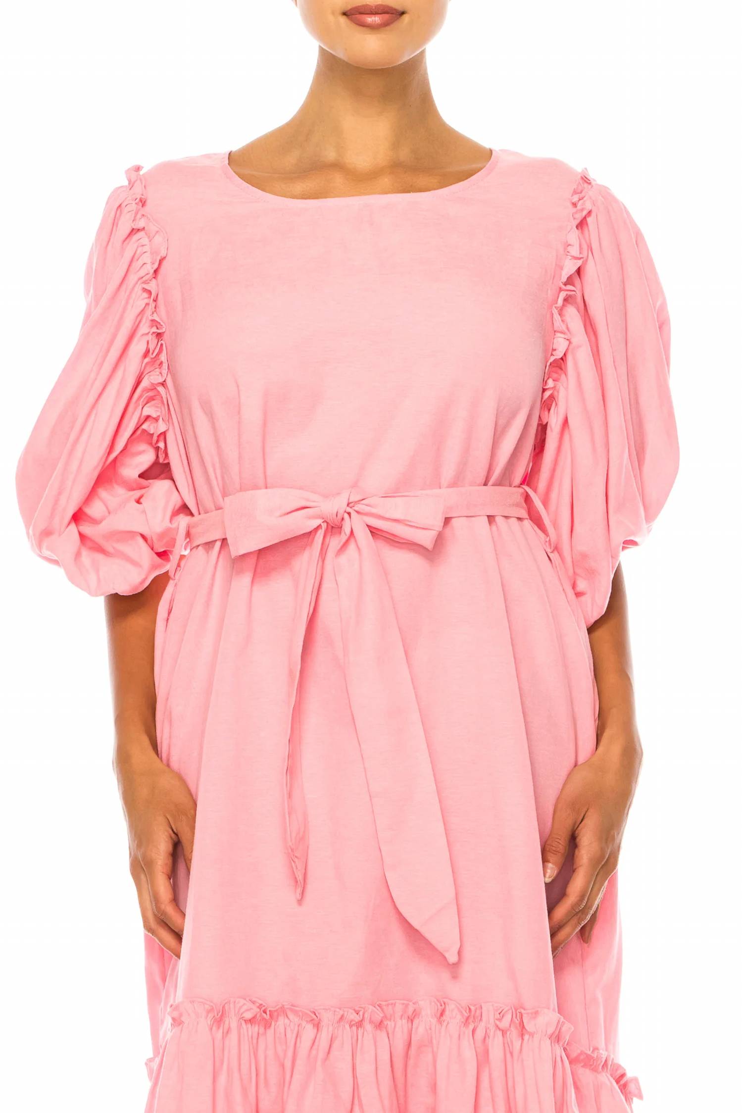Vivid - Short Puff Sleeve Belted Tiered Skirt Dress