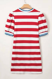 Shewin - Stripe Contrast Trim Round Neck Short Puff Sleeve Dress
