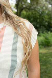 AnnieWear Earthy Stripes Sweater Top in multi - women's blouse - detail view