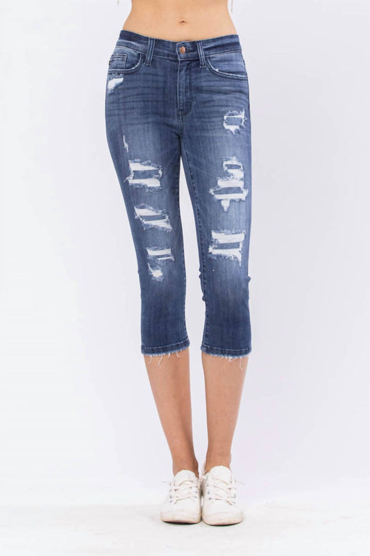 Judy Blue - Mid-rise Contrast Patch Skinny Capri Jeans