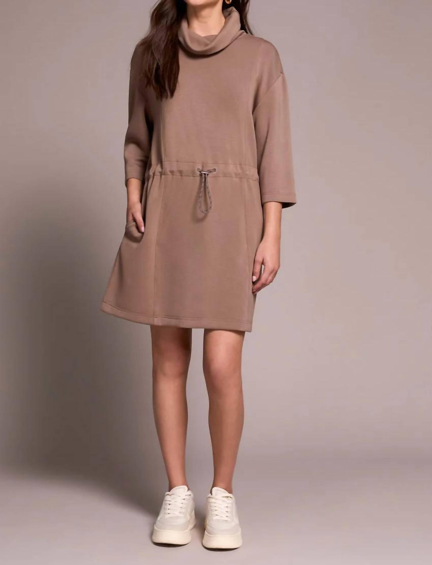 Tribal - Techno Lux 3/4 Sleeve Funnel Neck Dress With Drawcord
