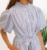 &merci Striped Ruffled Button Down Midi Dress in navy - women's dress - alternate view