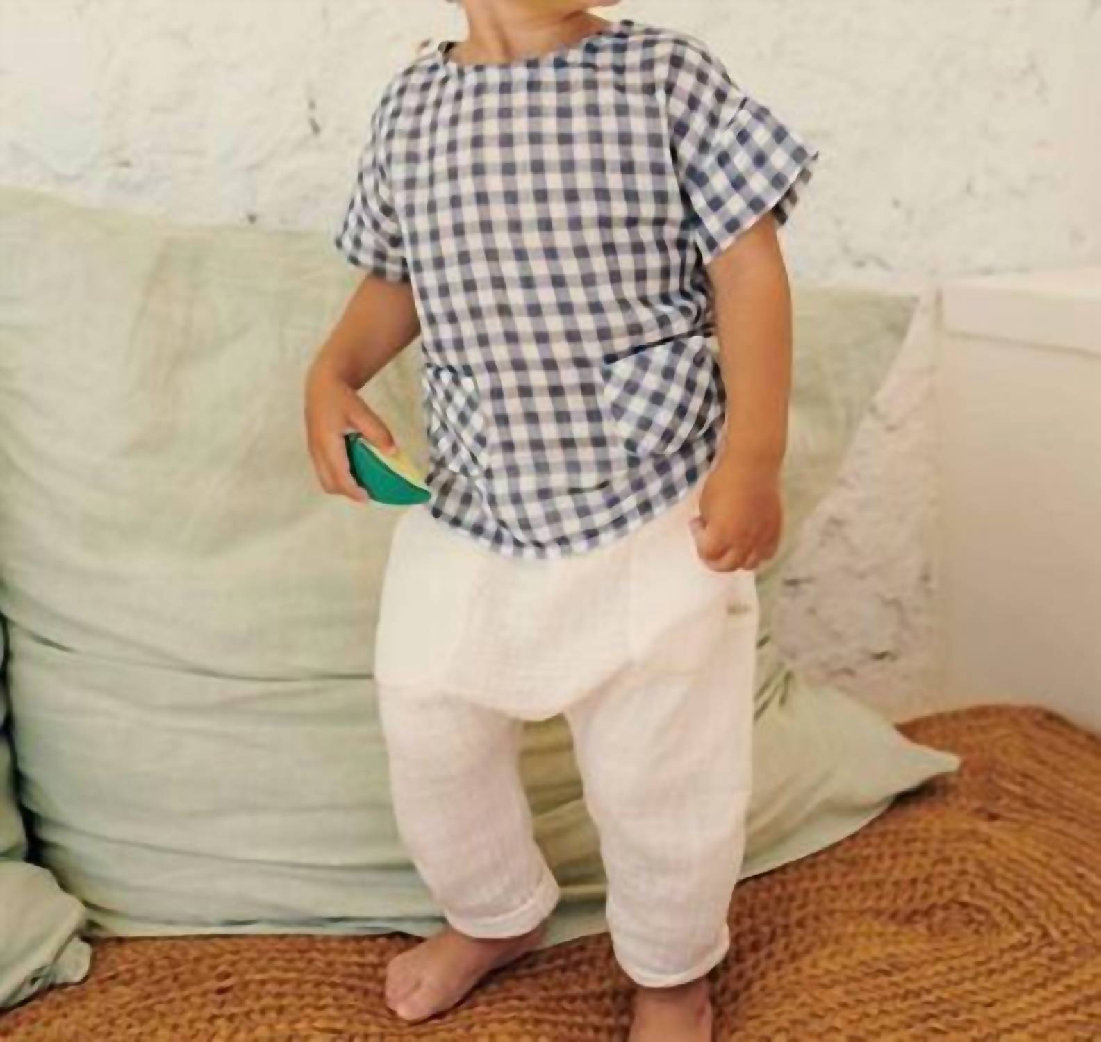 Búho Gingham Short Sleeve Shirt in blue stone - kids' t-shirt