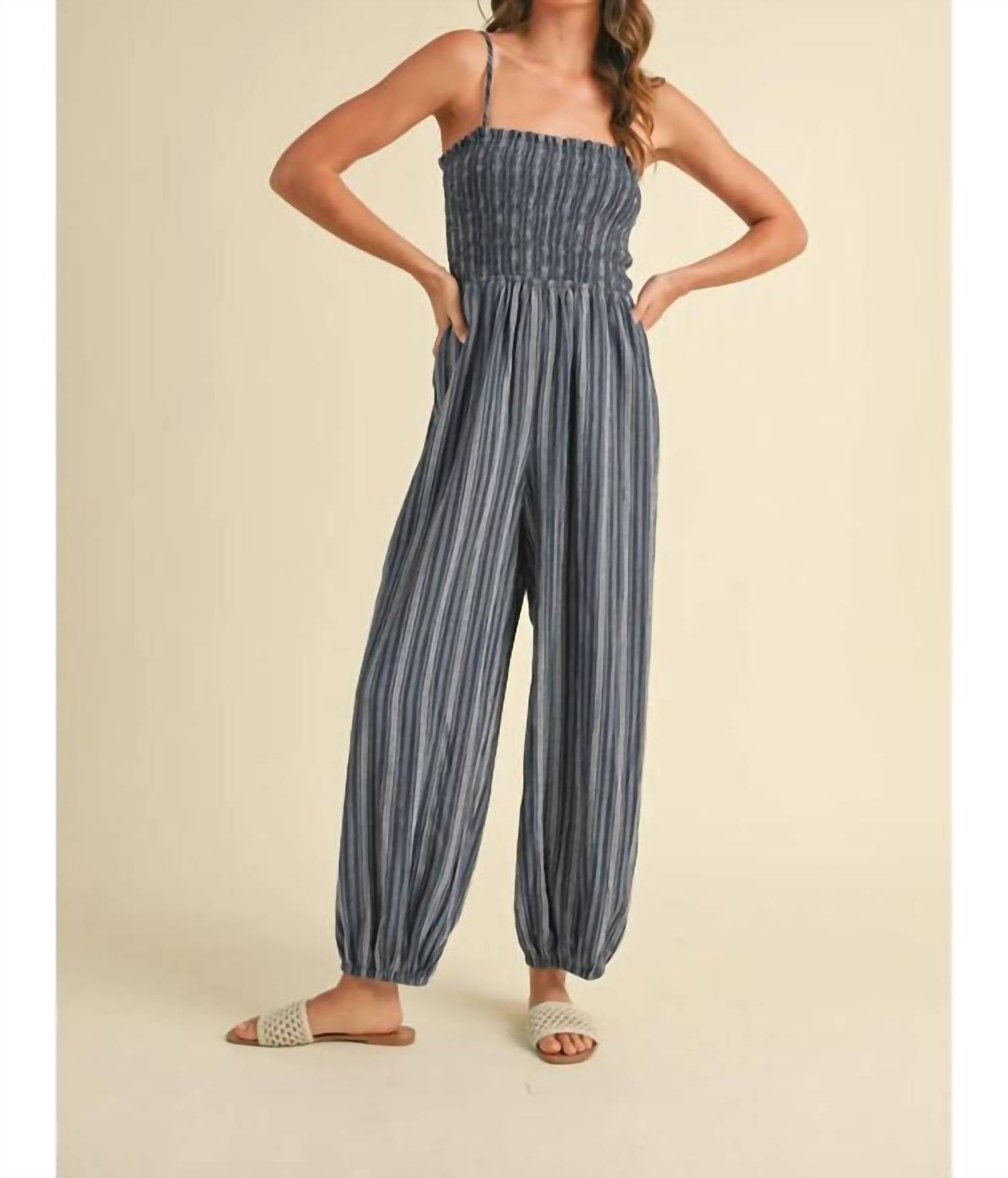 Klesis - Spaghetti Strap Smocked Striped Balloon Jumpsuit