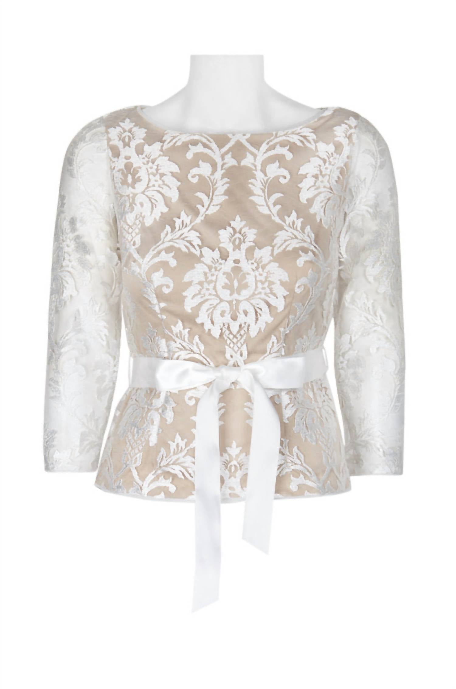 Adrianna Papell - Women's 3/4 Sleeve Tie Waist Floral Embroidered Mesh Top