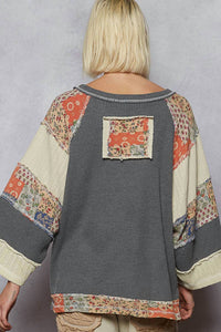 Pol - Crew Neck Printed Peace Patch Overlock Stitch Knit Top