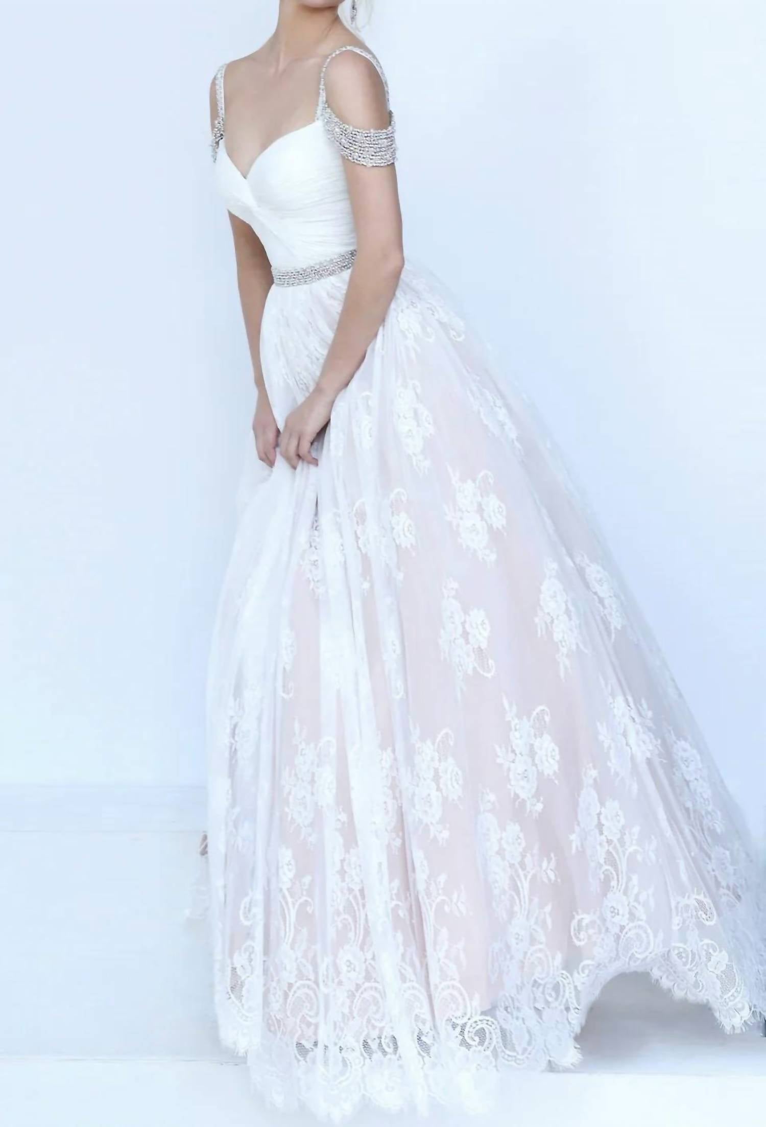 Sherri Hill Lace Ball Gown in ivory - women's dress - detail view