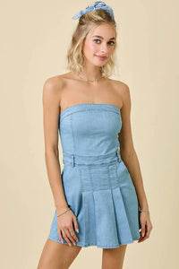 Day + Moon - Strapless Denim Mini Dress With Pleats