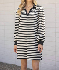Voy - Kristy Collared Long Sleeve Striped Knit Dress
