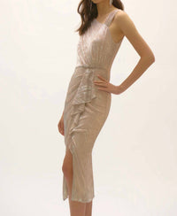 Joseph Ribkoff Foiled Asymmetric Draped Neckline Dress in quartz silver - women's dress - detail view