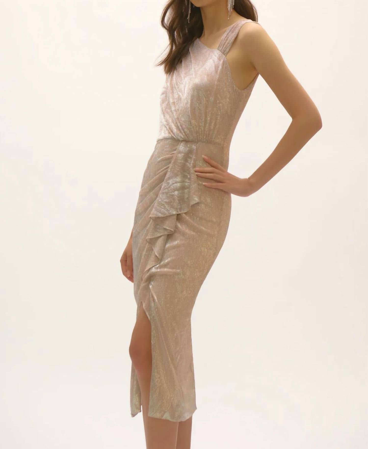 Joseph Ribkoff Foiled Asymmetric Draped Neckline Dress in quartz silver - women's dress - detail view