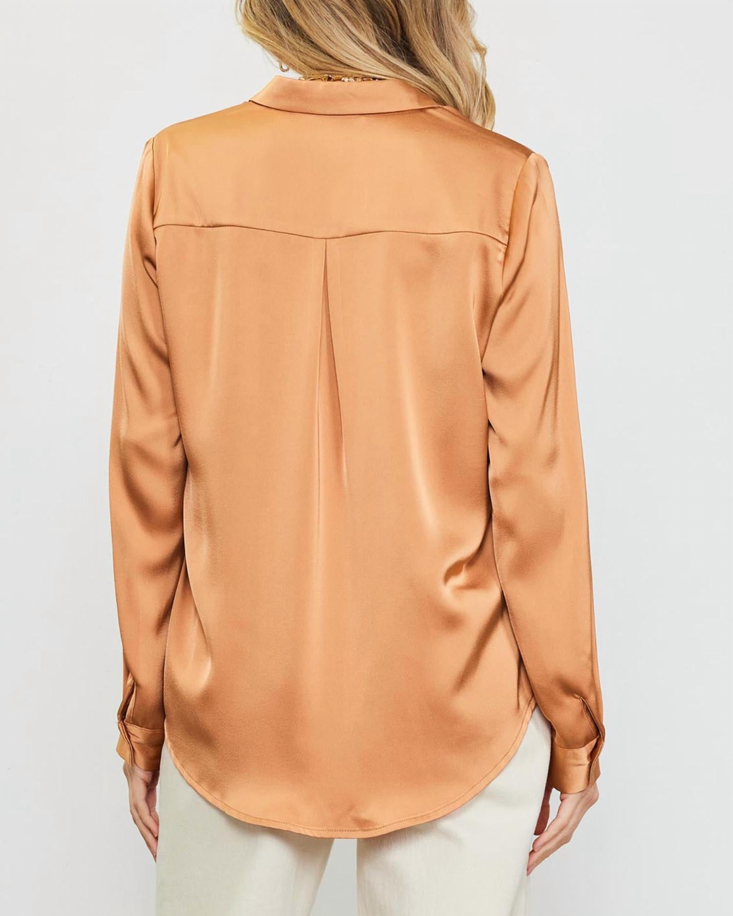 Skies Are Blue - Presidential Satin Button Down Blouse With Pocket
