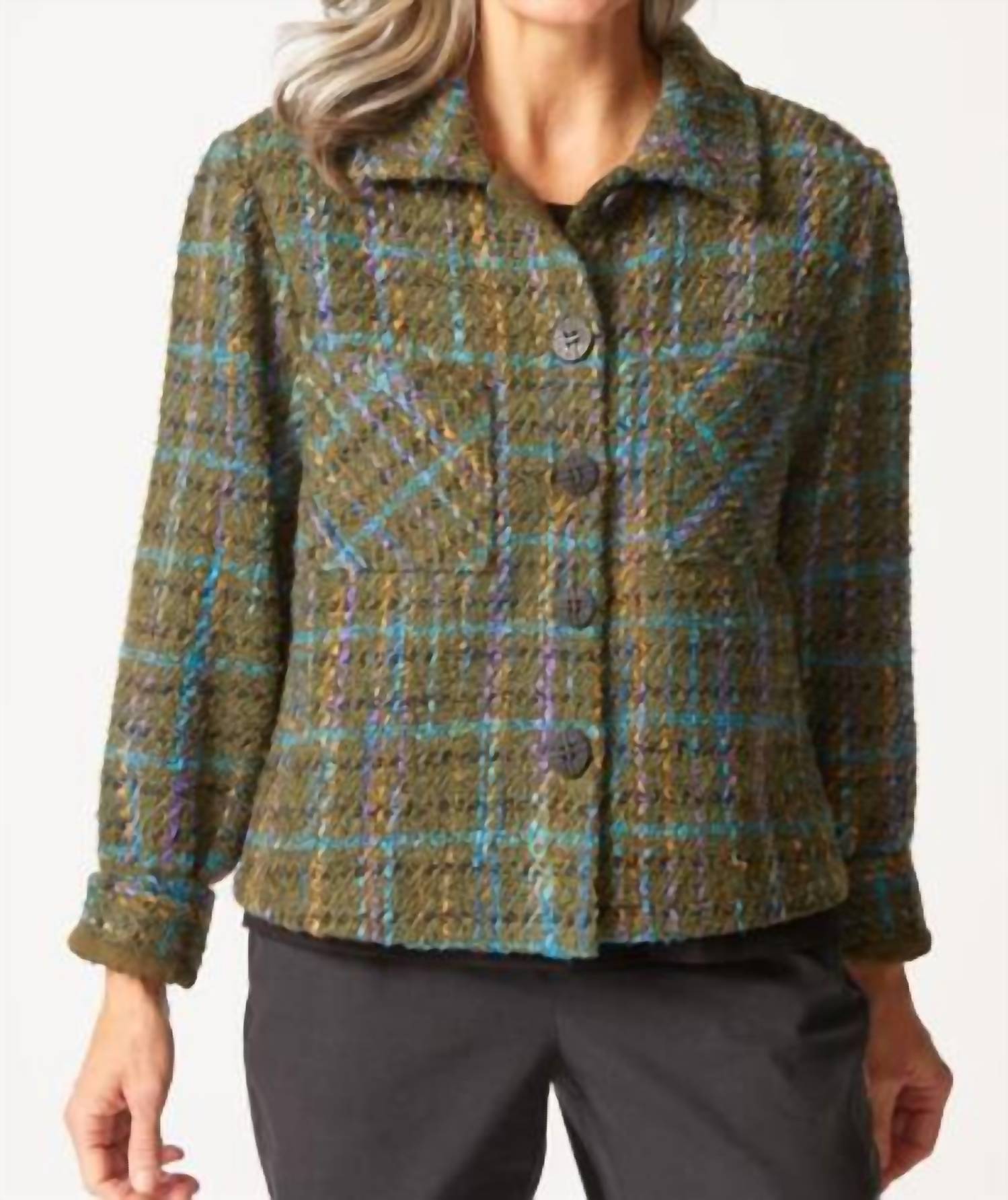 habitat Confetti Plaid Shacket in olive green boucle - women's jacket