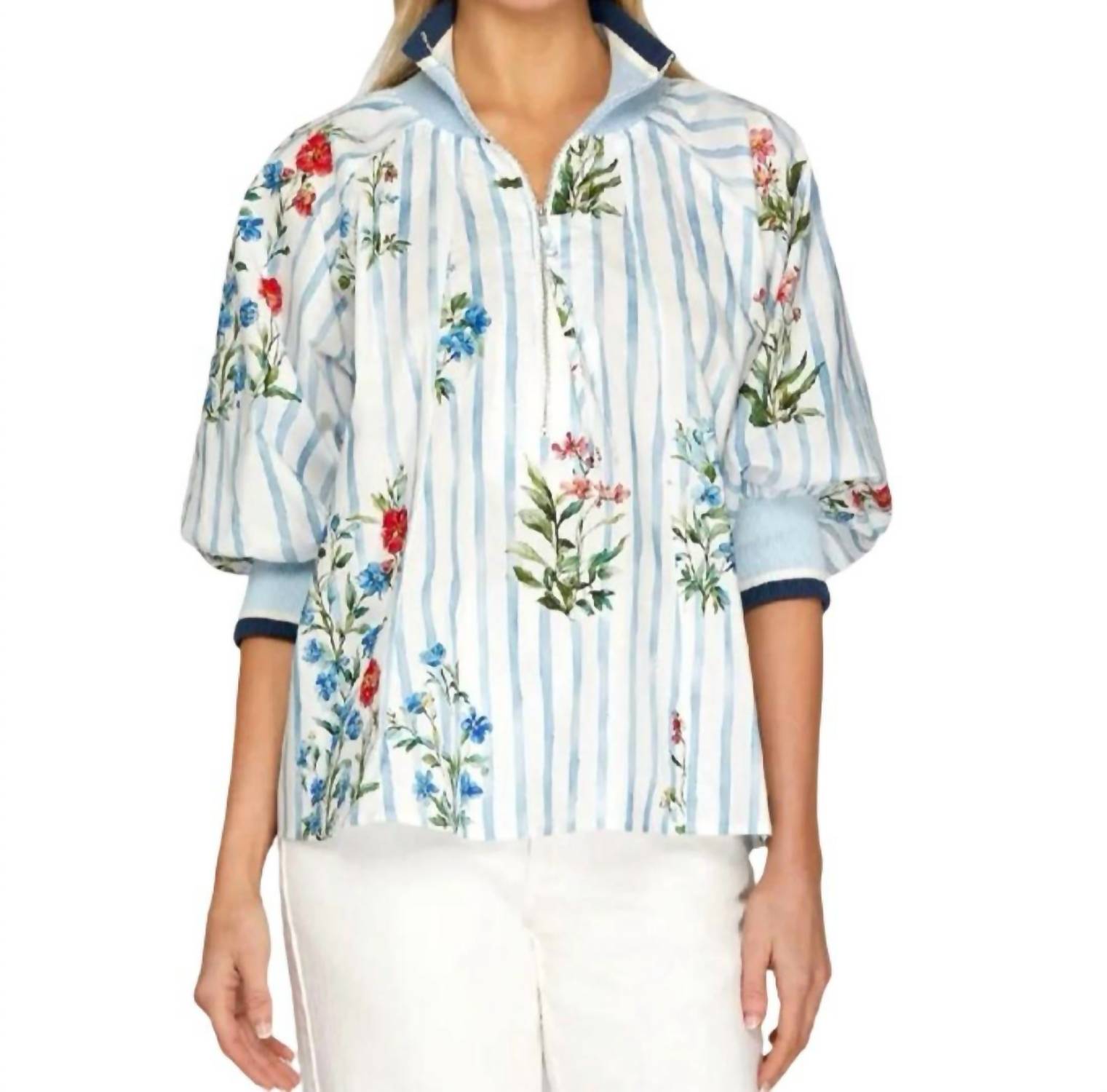 Style USA Printed Half Zip Top in light blue - women's blouse