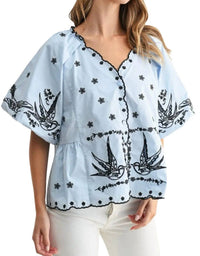 Joh Juanita Embroidered Top in light blue - women's blouse - alternate view