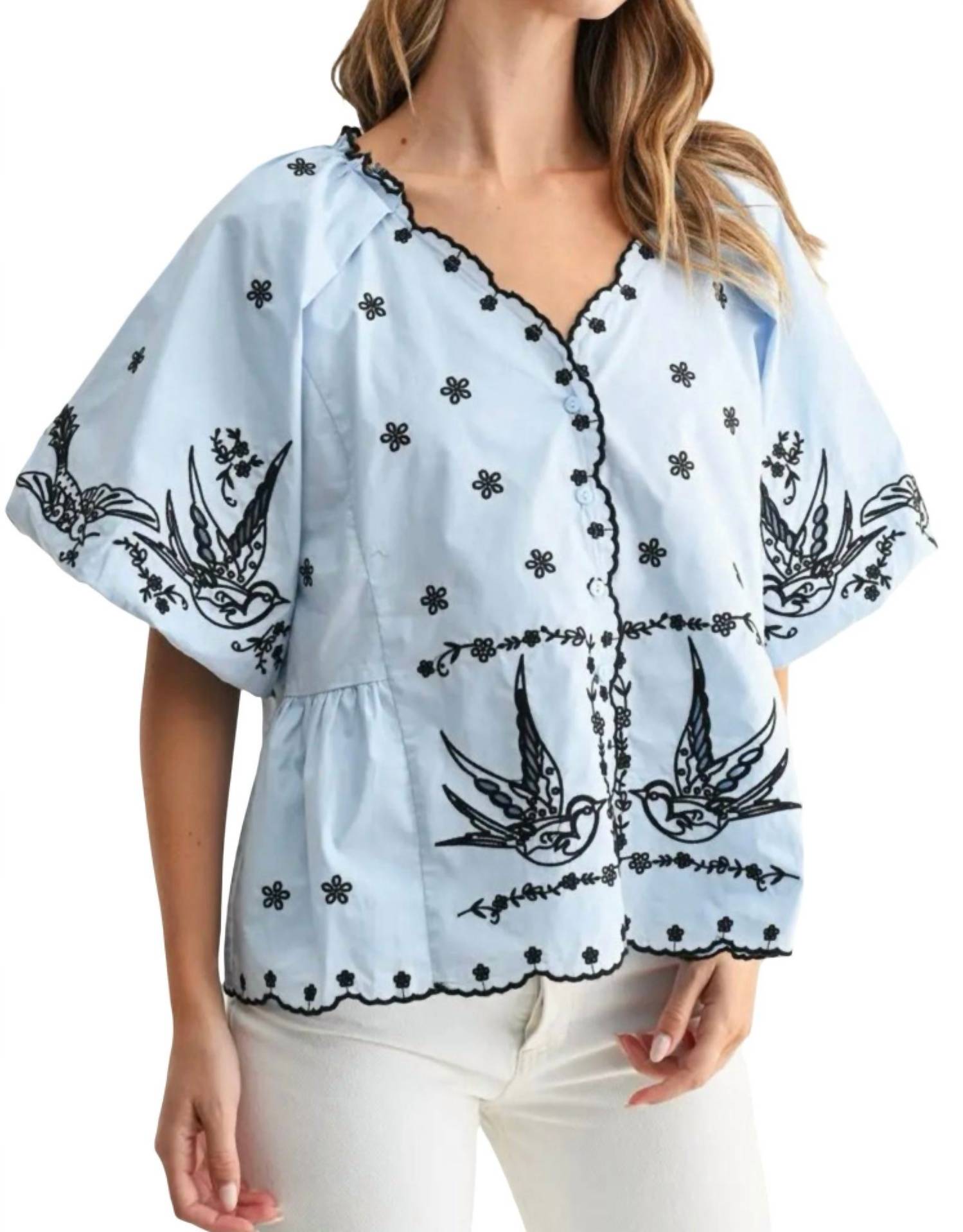 Joh Juanita Embroidered Top in light blue - women's blouse - alternate view
