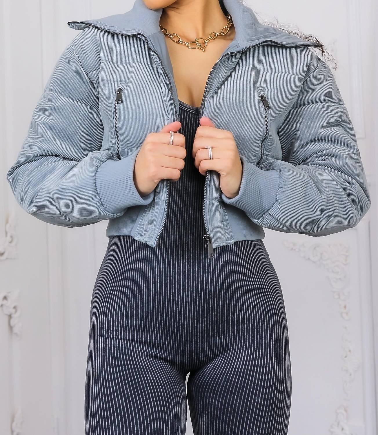 Surelymine - Keep Up With Me Crop Corduroy Full Zipper Puffer Jacket