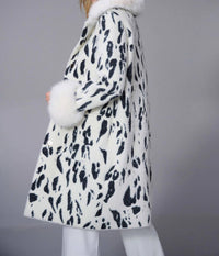 Joseph Ribkoff - Fae Feather Yarn Animal Jacquard Coat With Faux Fur Trim