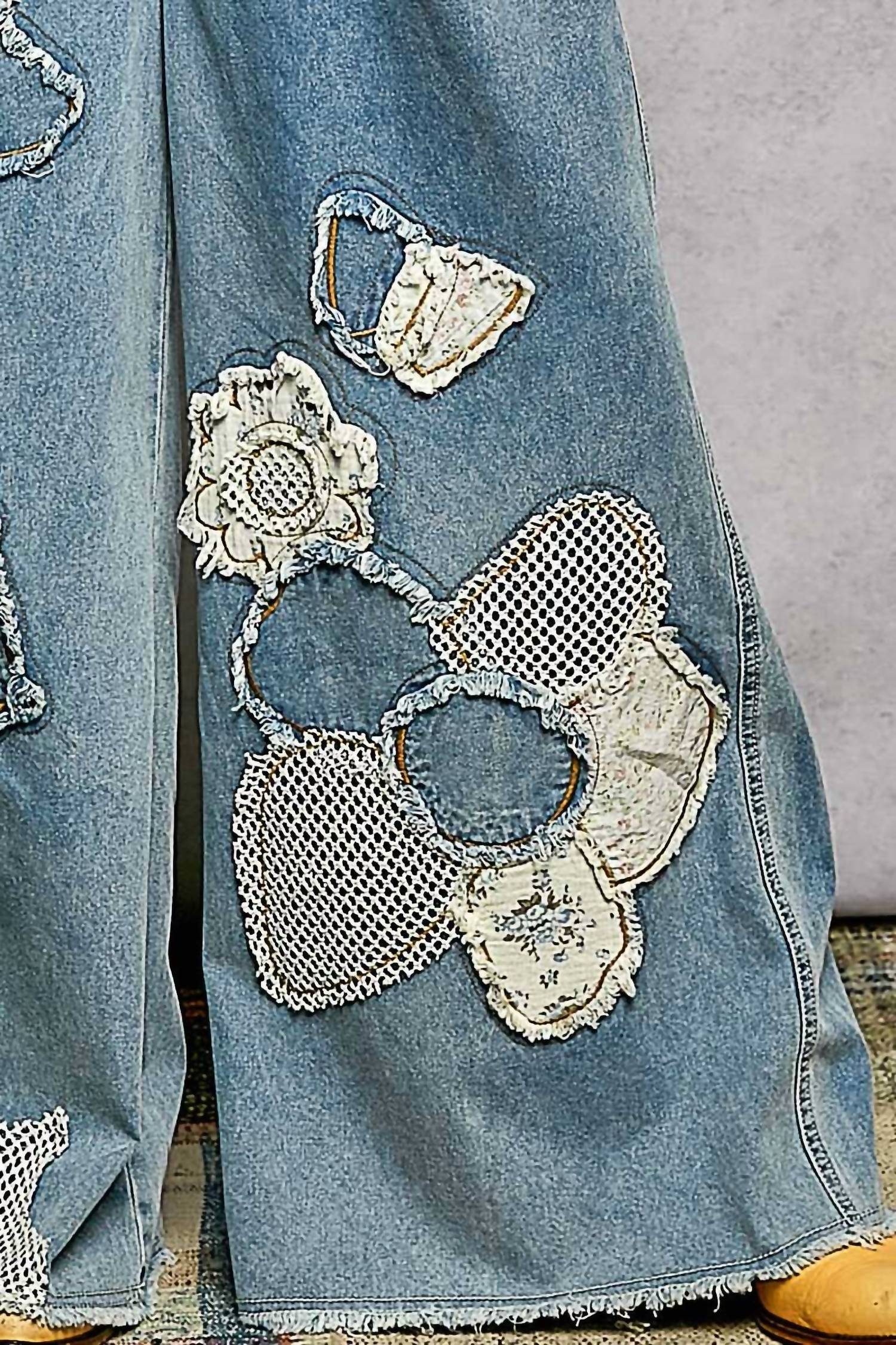 Pol - Embroidery Patchwork Buckle Back Woven Denim Overalls