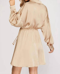 SHE + SKY Long Sleeve Collared Flare Dress in taupe - women's dress - detail view
