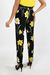 Frank Lyman Floral Slim Pants in black and yellow - women's pants - detail view