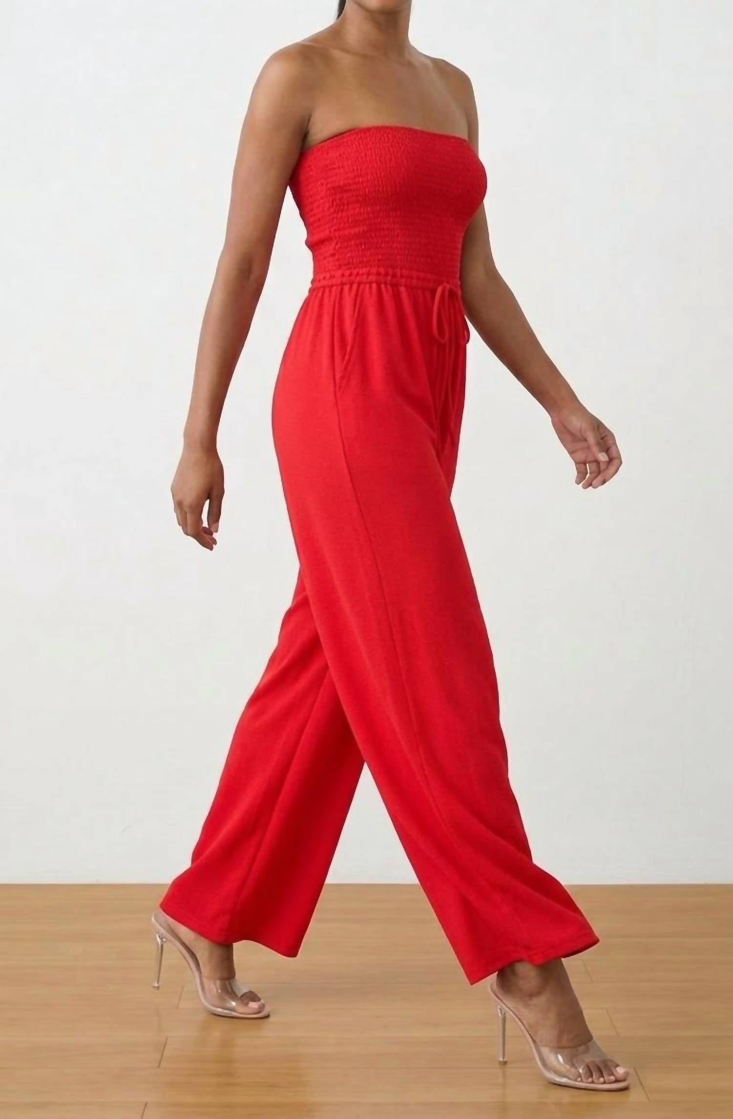 ZENANA Strapless Smocked Jumpsuit in ruby - women's pants