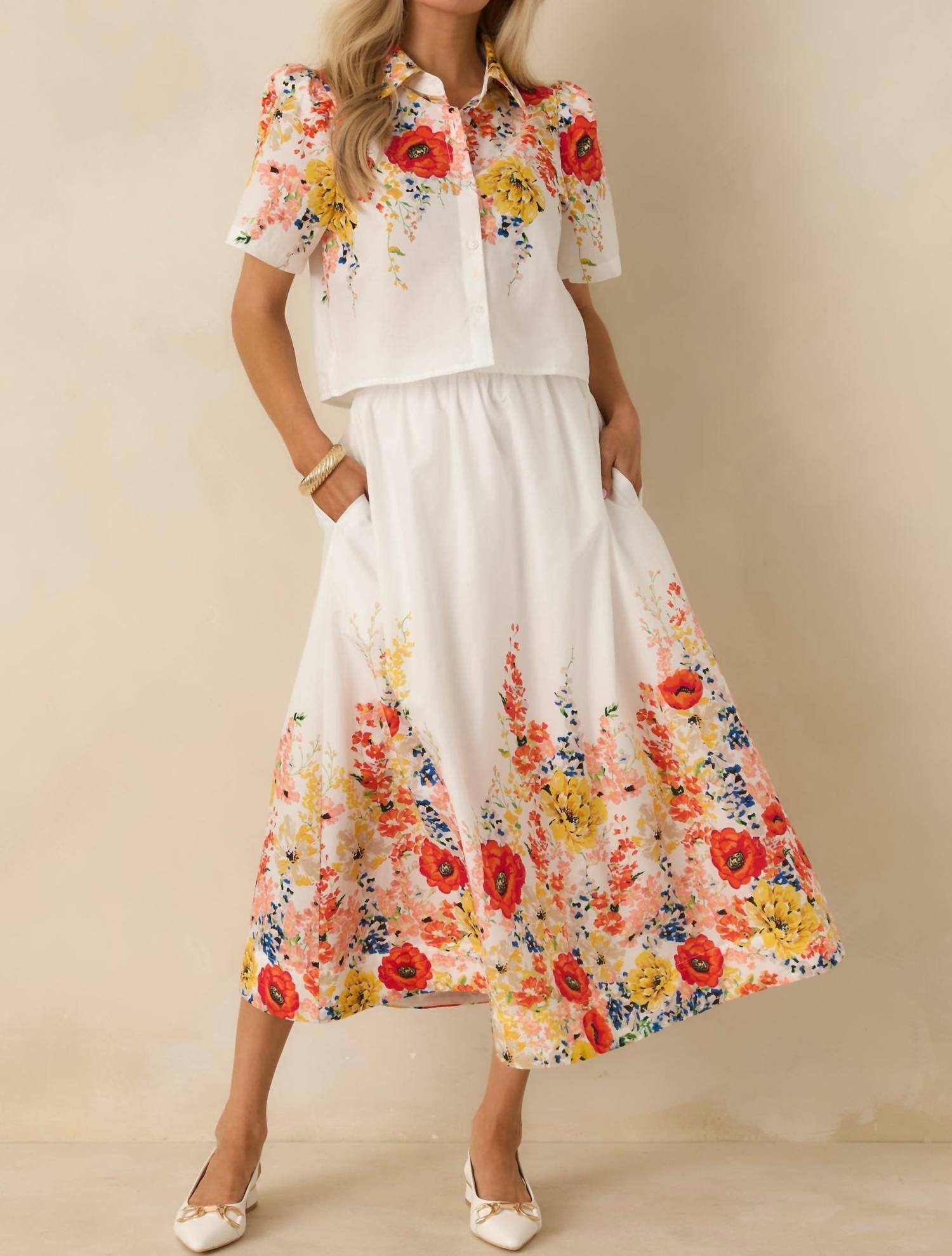 Entro - Floral Button Up Top With Skirt Set