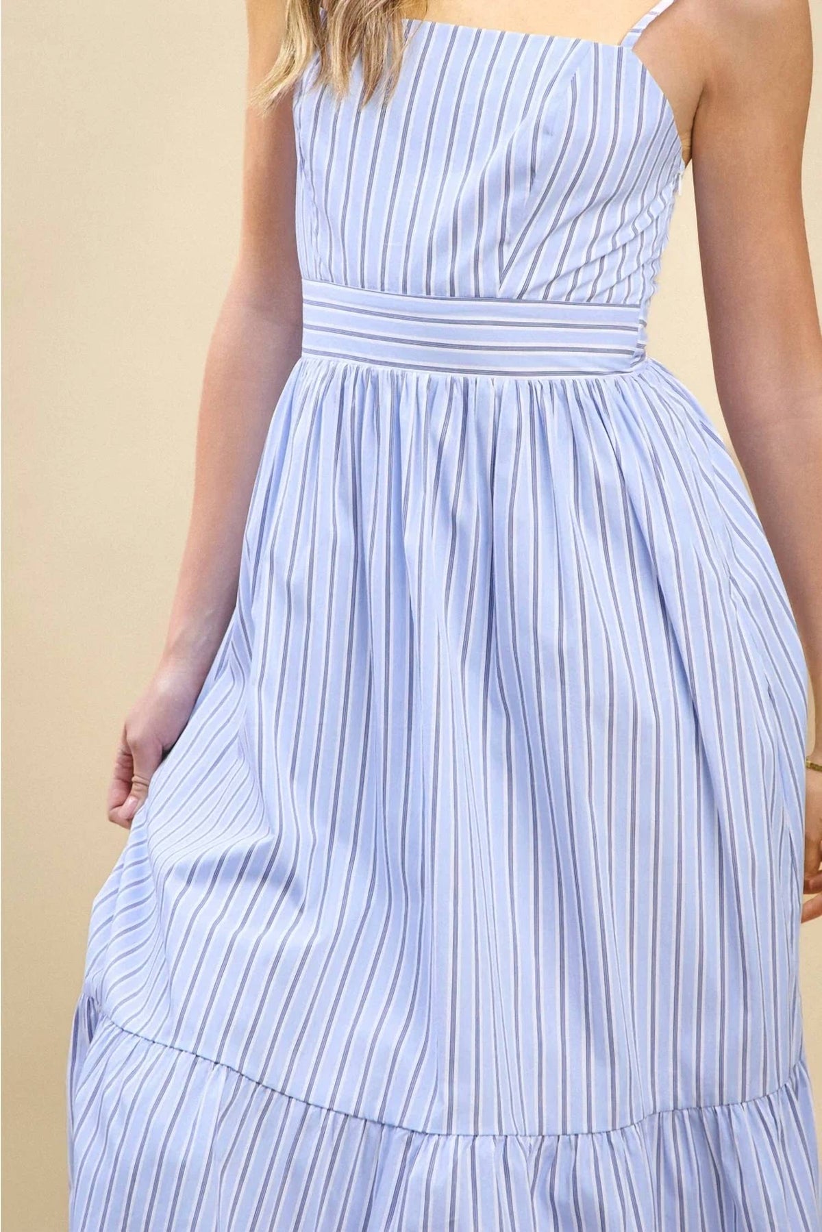Tcec - Striped Adjustable Spaghetti Strap Midi Dress
