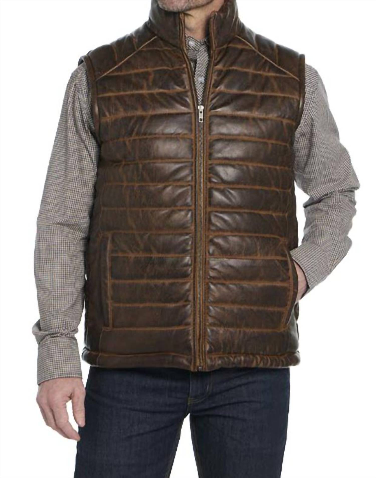 Cripple Creek Men's Antique Leather Quilt Stitched Vest in alpine oak - men's item