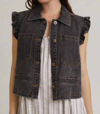 GILLI Peyton Ruffle Detail Jean Vest in charcoal denim - women's jacket - view 5