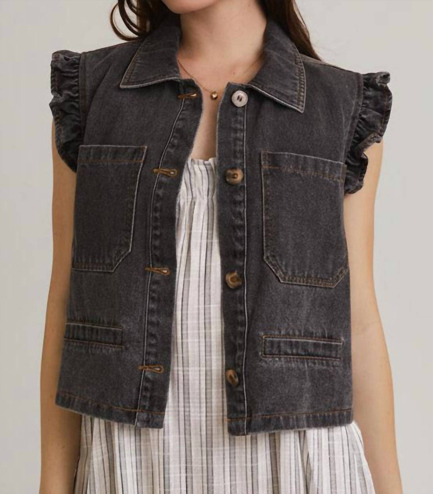 GILLI Peyton Ruffle Detail Jean Vest in charcoal denim - women's jacket - view 5