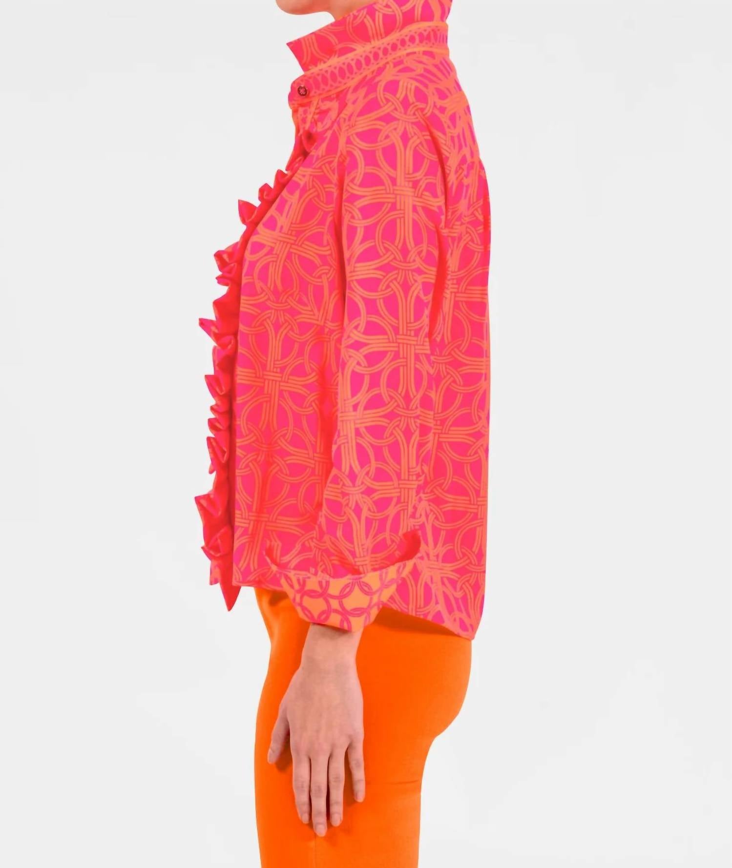 GRETCHEN SCOTT Ring Toss Long Sleeve Ruffle Rumble Blouse in shocking pink - women's blouse - alternate view