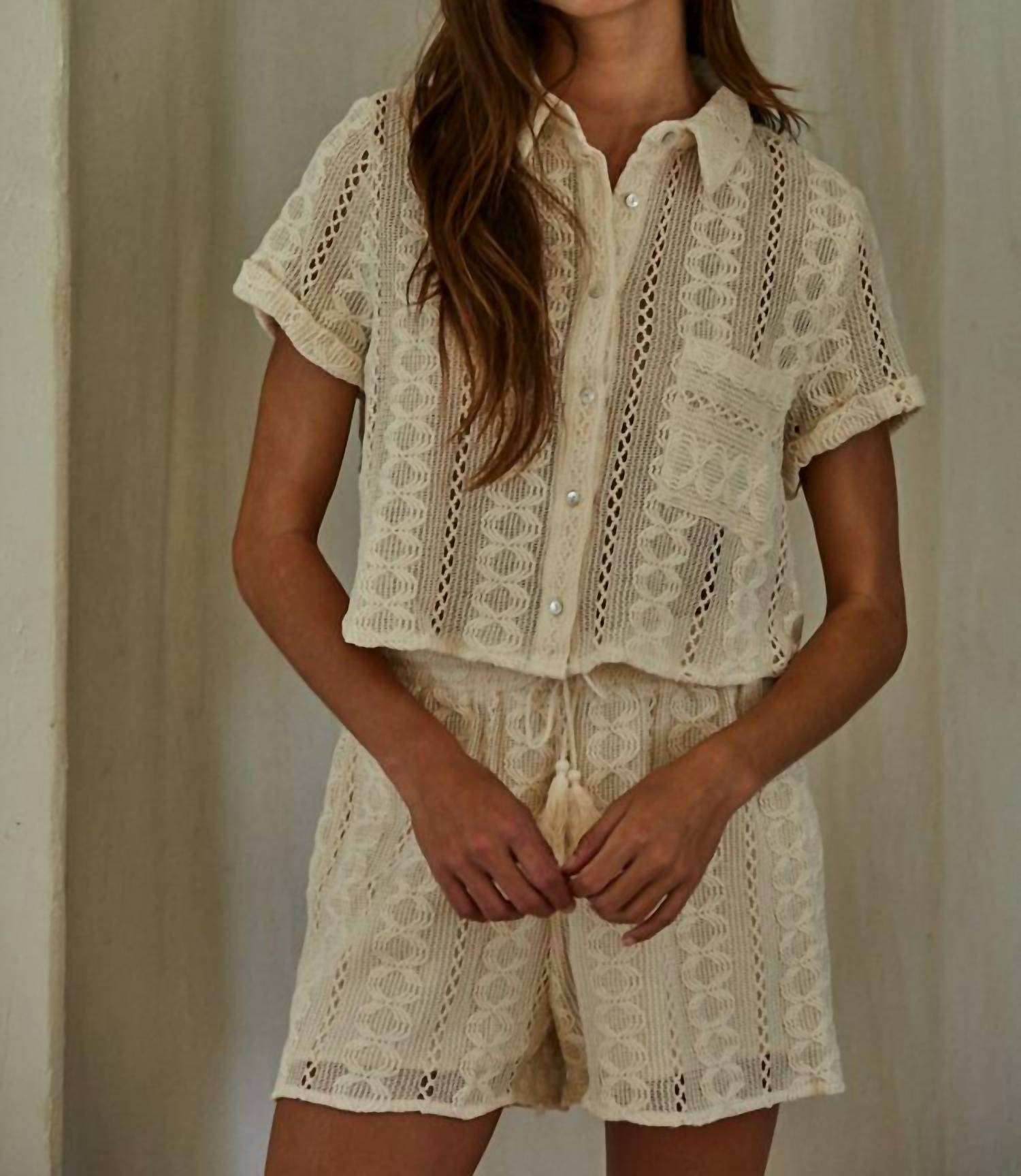 By Together - Woven Cotton Linen Crochet Shorts
