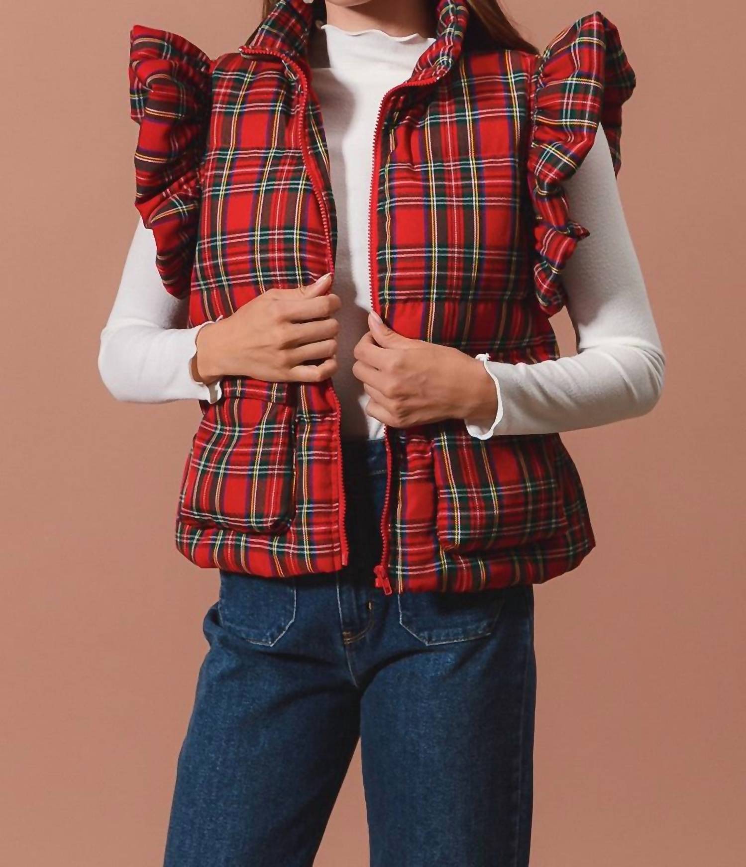 So Me - Ruffle Plaid Puffer Vest