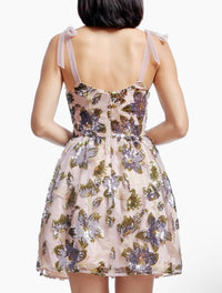 DRESS THE POPULATION Kaitrin Sequin Fit & Flare Mini Dress in lilac multi - women's dress - detail view